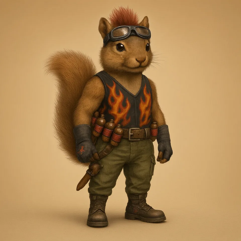 Boom Spice, the demolitions expert, in a flame-print vest, safety goggles, and combat boots.