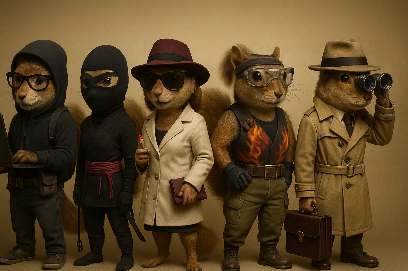 Studio lineup, left to right: Tech Spice, Ninja Spice, Bluff Spice, Boom Spice, and Sneak Spice.