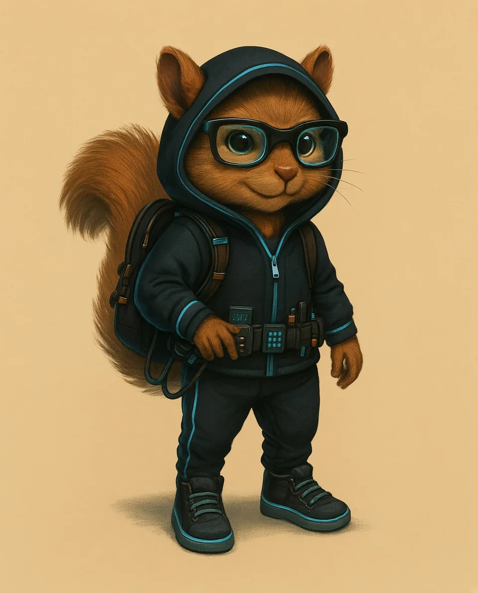 Tech Spice, the hacker, in a sleek dark hoodie with glowing neon-blue trim and thick black-rimmed glasses.